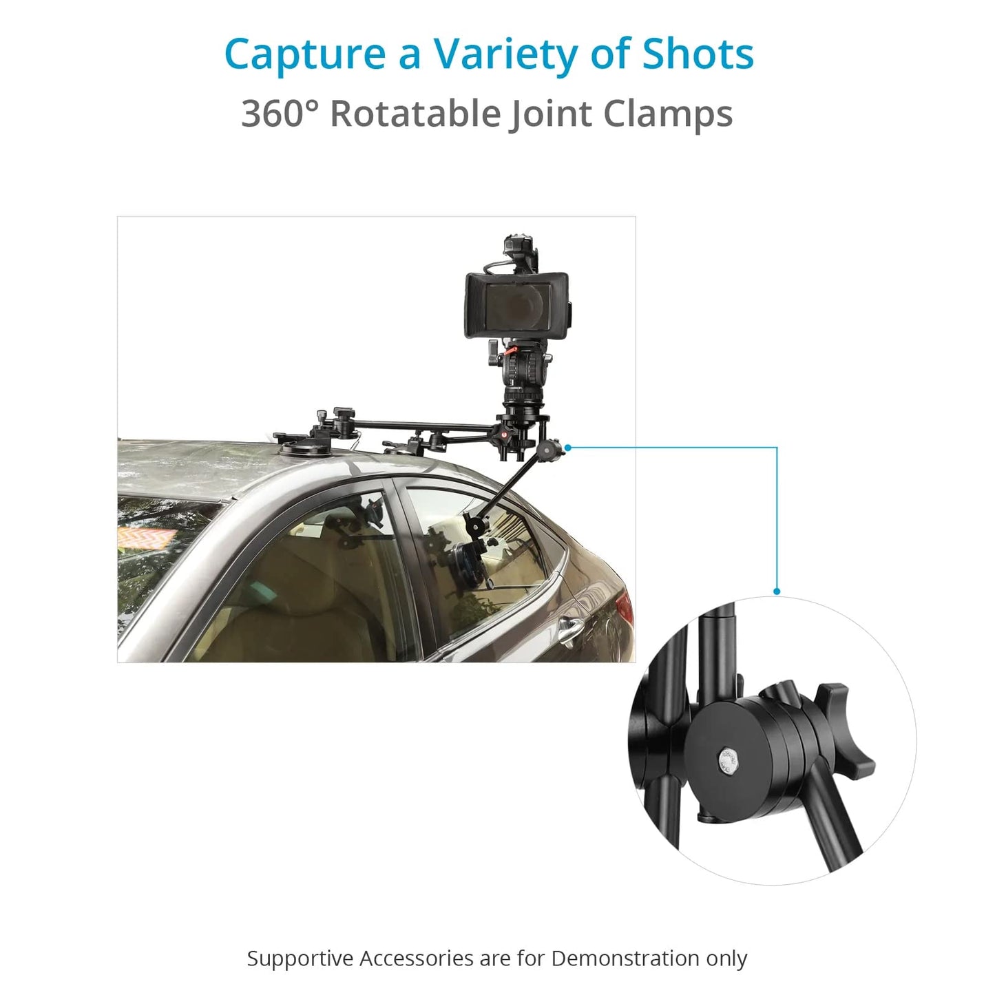 Car Suction Mount for DSLR Video Cameras with 360° Rotation Clamps