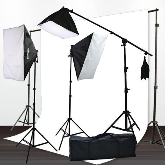 Photography Lighting Kit with Softboxes and White Muslin Backdrop