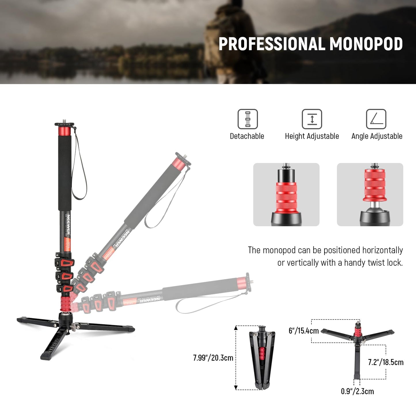 Telescopic Aluminum Camera Monopod with Fluid Head and Tripod Base