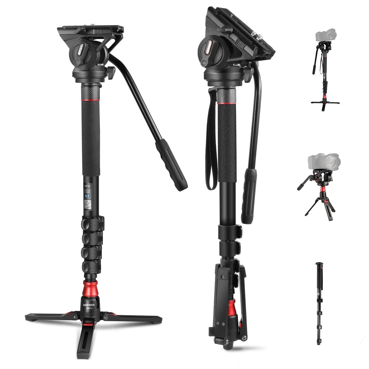 Telescopic Aluminum Camera Monopod with Fluid Head and Tripod Base