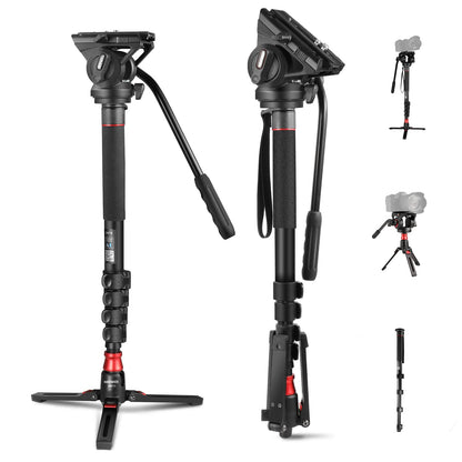 Telescopic Aluminum Camera Monopod with Fluid Head and Tripod Base