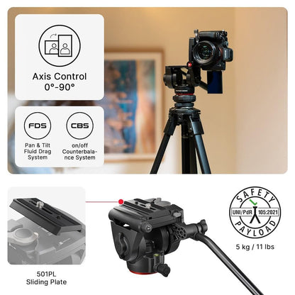 Fluid Video Head and Aluminum Tripod Kit for DSLR and Mirrorless Cameras
