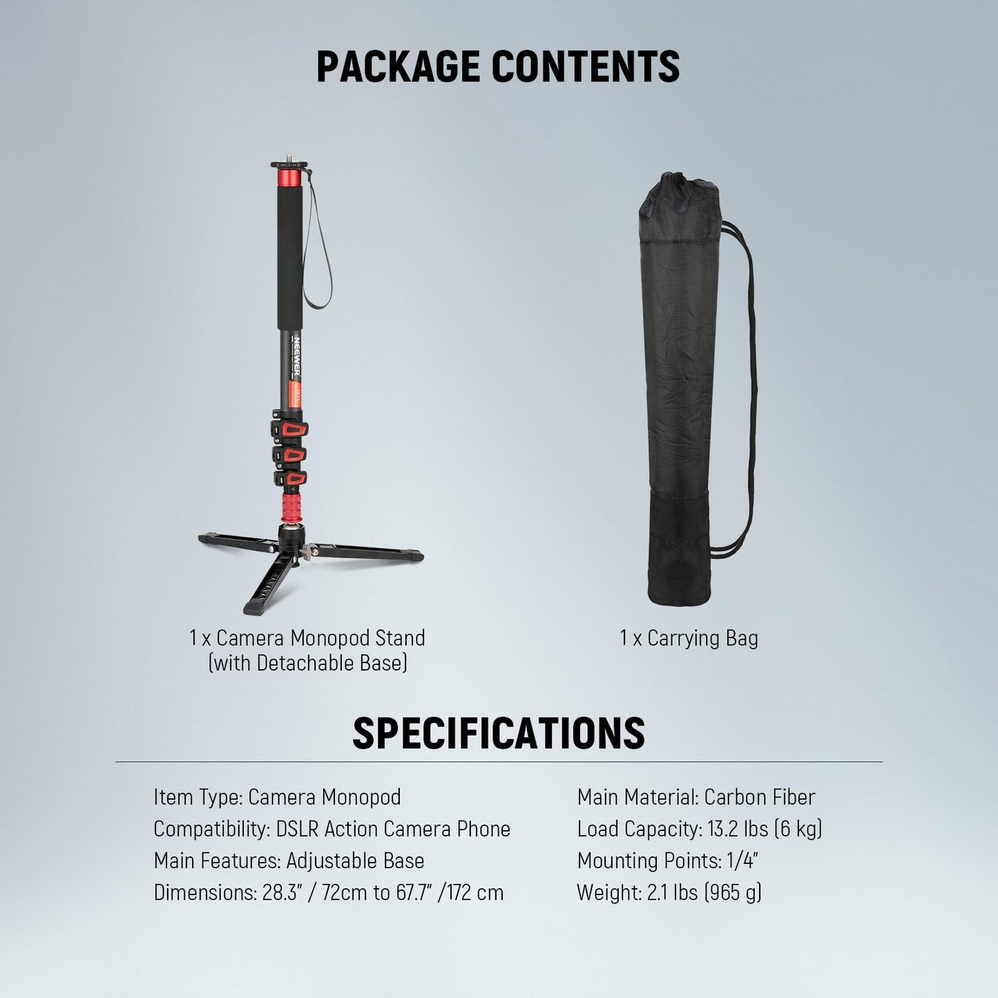 Telescopic Aluminum Camera Monopod with Fluid Head and Tripod Base