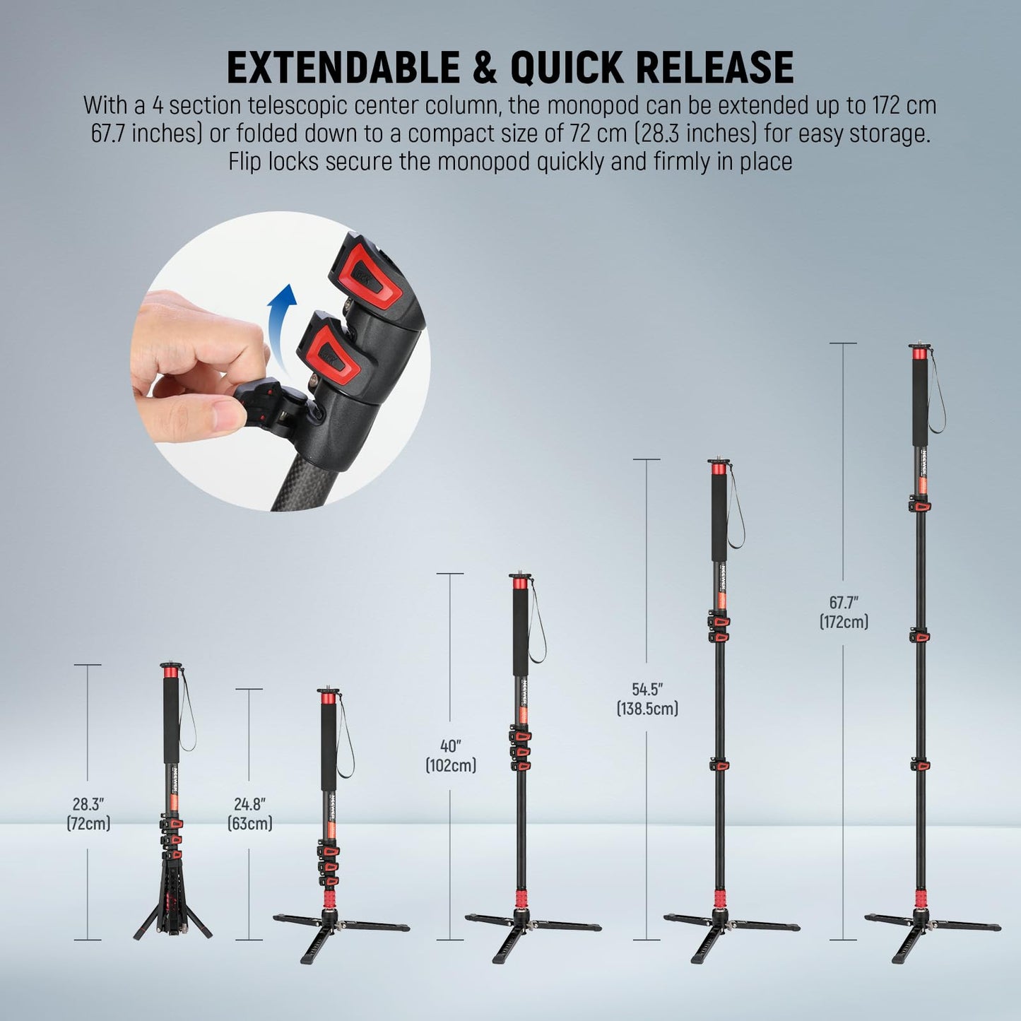 Telescopic Aluminum Camera Monopod with Fluid Head and Tripod Base
