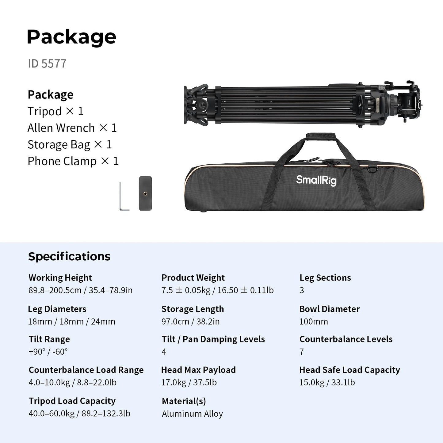 SMALLRIG 79''/200.5cm Heavy-Duty Aluminum Alloy Tripod Video