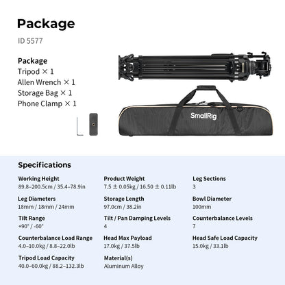 SMALLRIG 79''/200.5cm Heavy-Duty Aluminum Alloy Tripod Video
