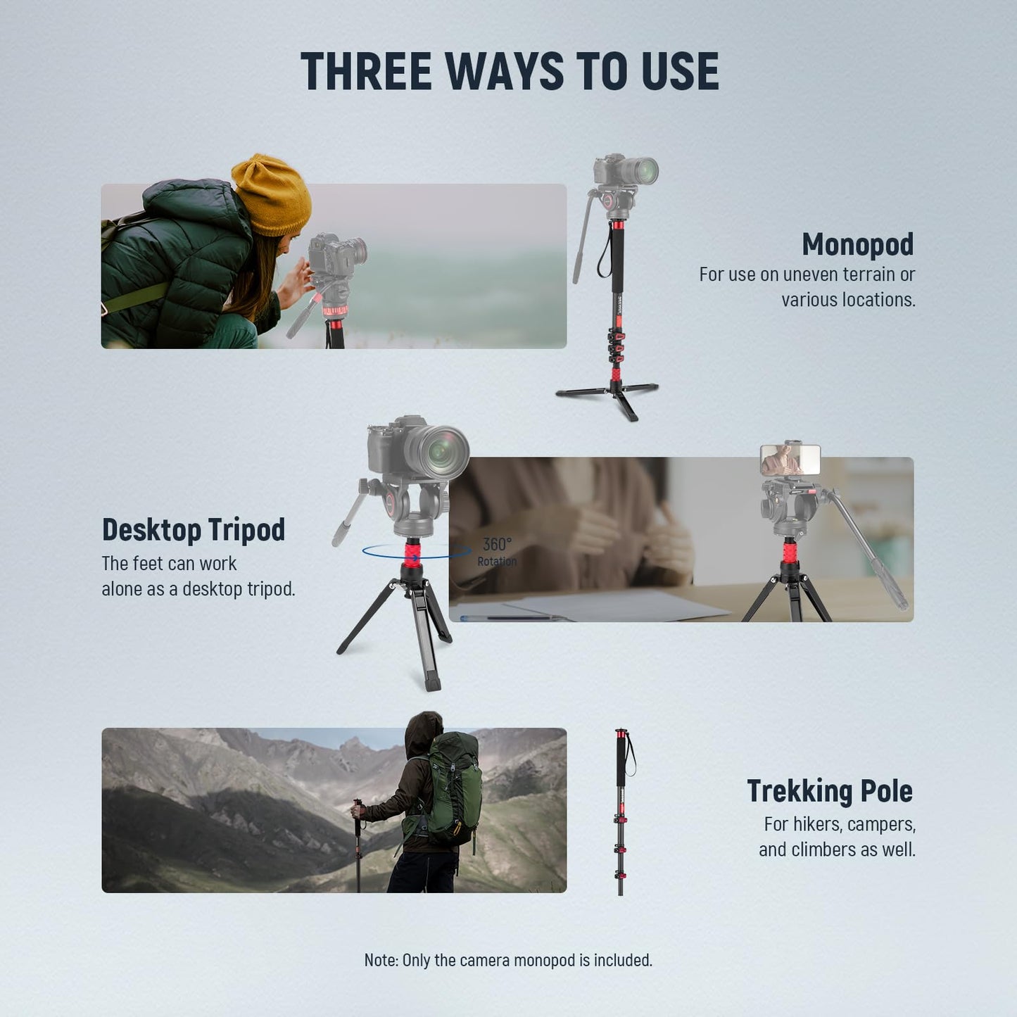 Telescopic Aluminum Camera Monopod with Fluid Head and Tripod Base