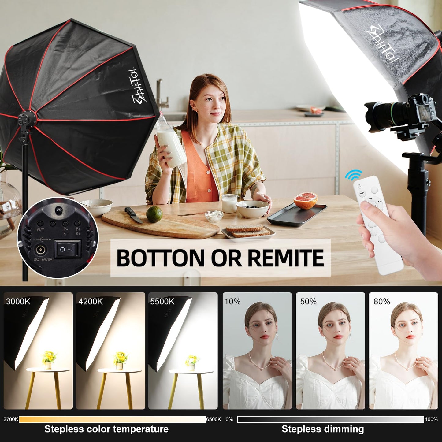 37" Octagonal Softbox Lighting Kit with Dimmable LED Lamp