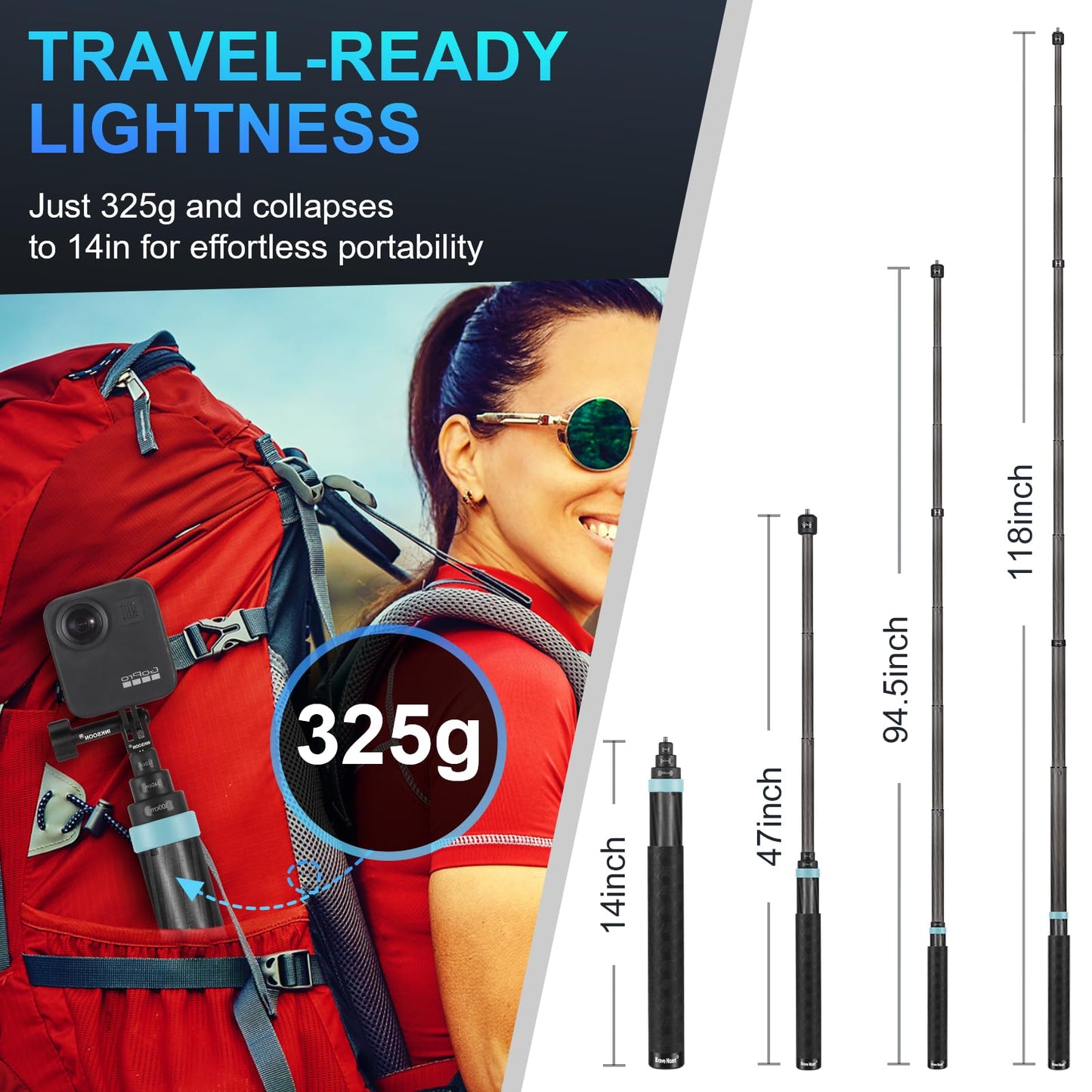 3m Carbon Fiber Invisible Selfie Stick for 360 Cameras